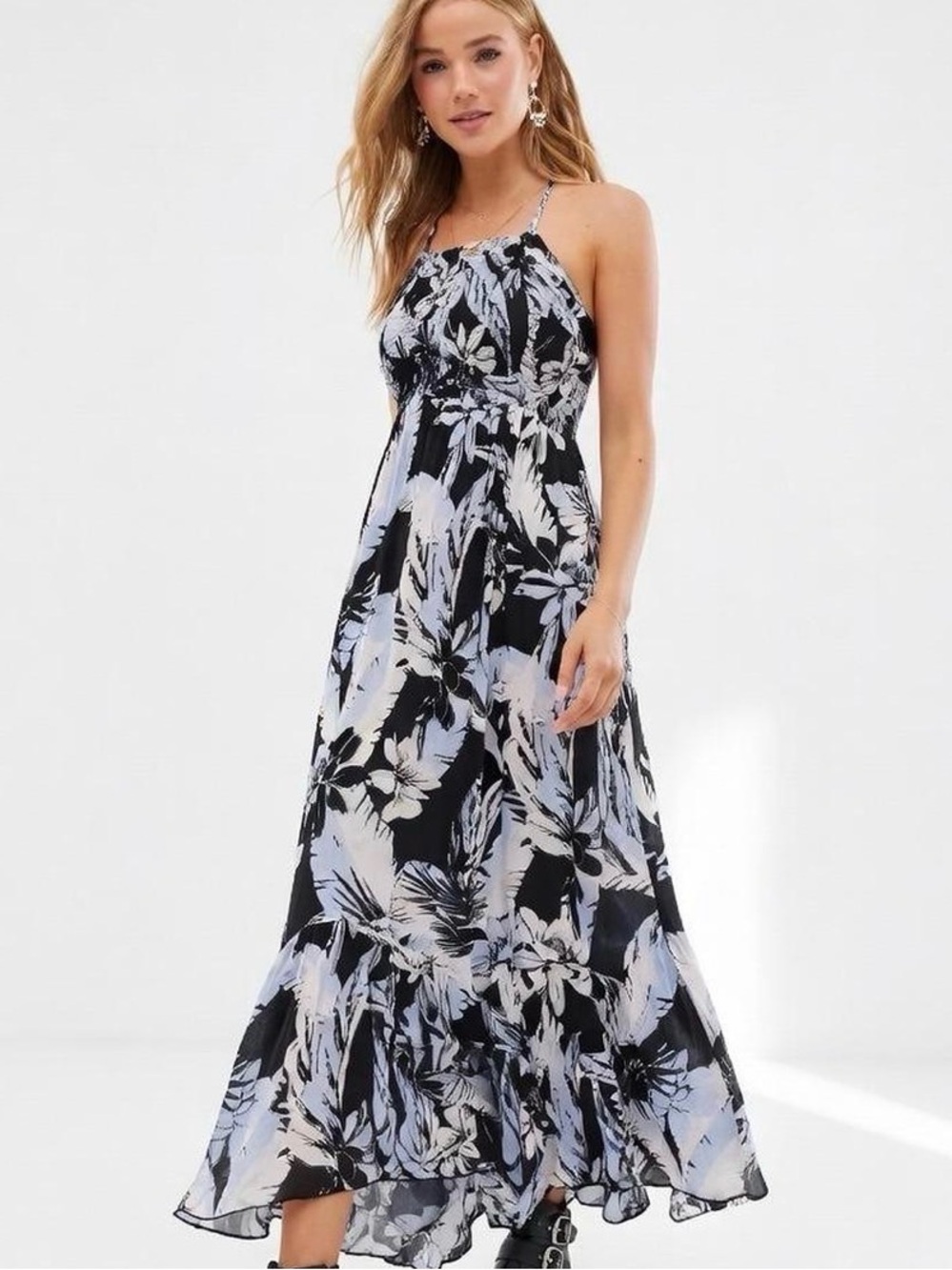 Intimately Free People Heat Wave Printed Tropical Blue and Black Maxi Dress